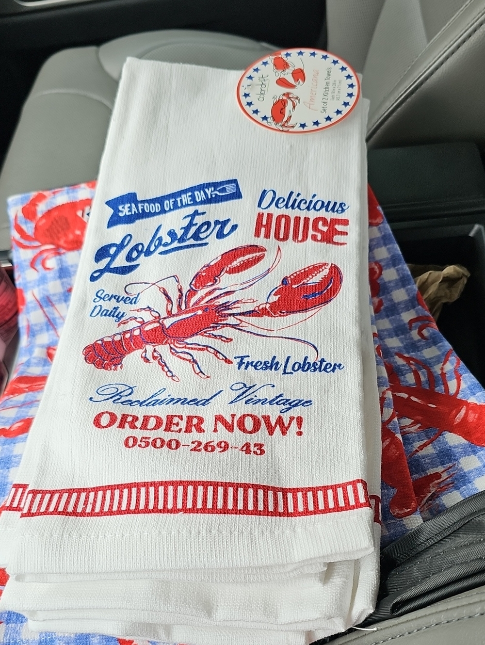 NWT White Lobster Kitchen Towel with Red & Blue Nautical Print,set of 2